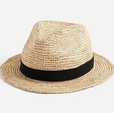 J. CREW Straw Hat Fedora Black Ribbon Trim Women M/L Sun Packable Paper