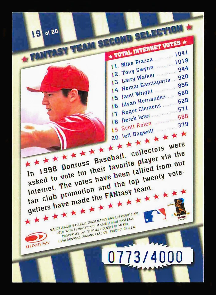 1998 Donruss #19 Scott Rolen /4000 FANtasy Team Philadelphia Phillies - Image 2 of 2