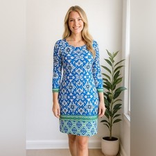 Eliza J Shift Geometric 3/4 sleeve Dress Blue Green White size 8