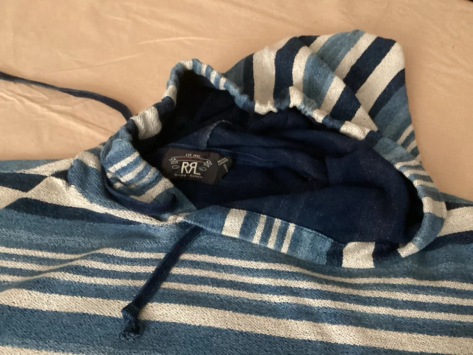 Sudadera con Capucha Vintage Doble RL Ralph Lauren RRL Índigo Rayas Gruesa Terry Bolsillo XXL Foto 2 de 4