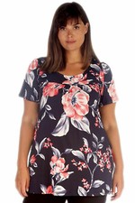Women Ladies Plus Size Short Sleeves Scoop Neckline Floral Print Smock Tunic Top