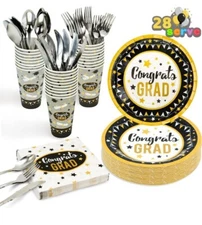 196 Pcs Graduation Party Supply Kit Cup + Plates + Napkin + Silverware Serve 28