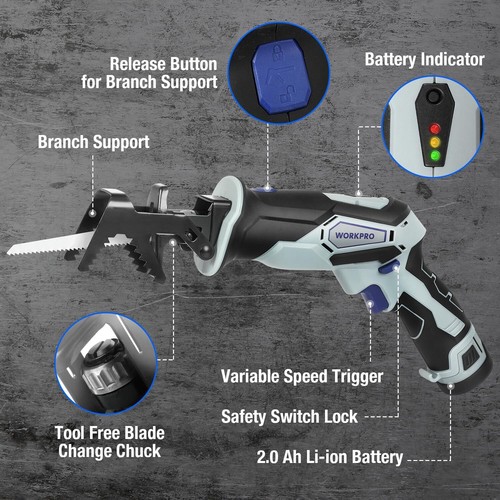 12V Cordless Reciprocating Saw with Clamping Jaw, 2.0Ah Li-Ion Battery with 1 Ho - Picture 5 of 7