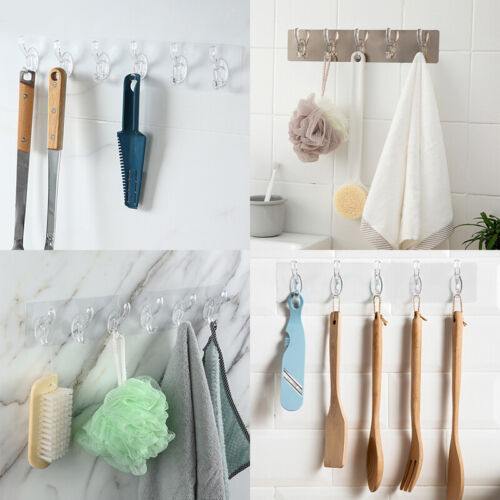 Transparent Sticky Hook Adhesive Sticker Hanger 3/5/6 Rows Wall Hooks Home Decor - Picture 1 of 13