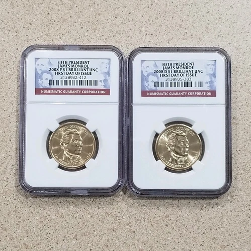 2008 P & D James Monroe $1 Dollar President Coins NGC BU First Day Of Issue (2)