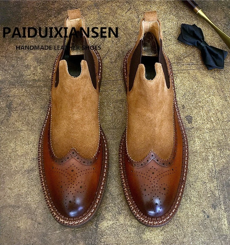 Botas Chelsea británicas de cuero de gamuza real talladas con punta de ala para hombre calzado de negocios Foto 3 de 4