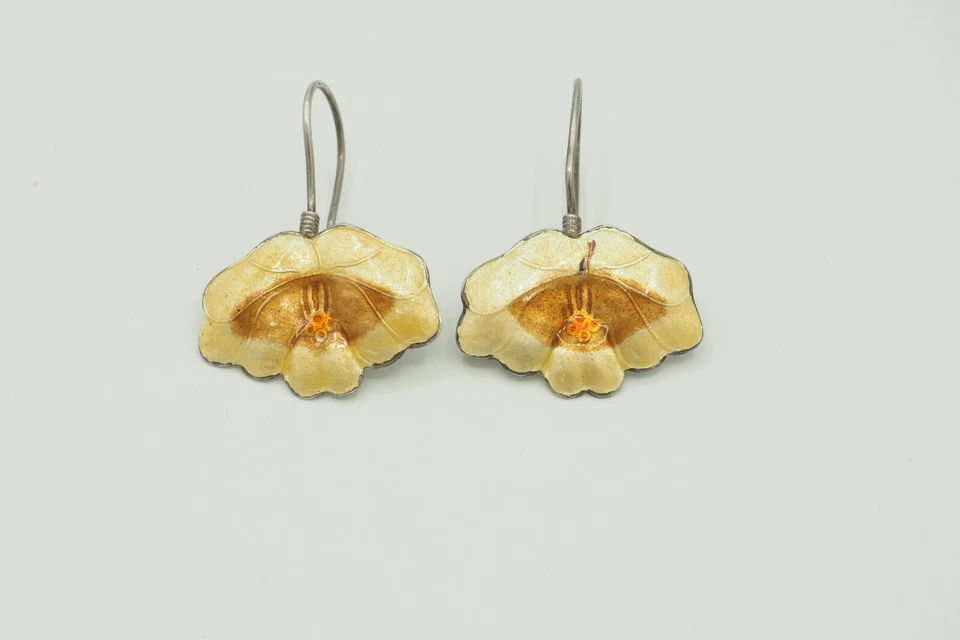 Pendientes colgantes florales esmalte flor oro plata esterlina laurel abedul de colección Foto 2 de 4
