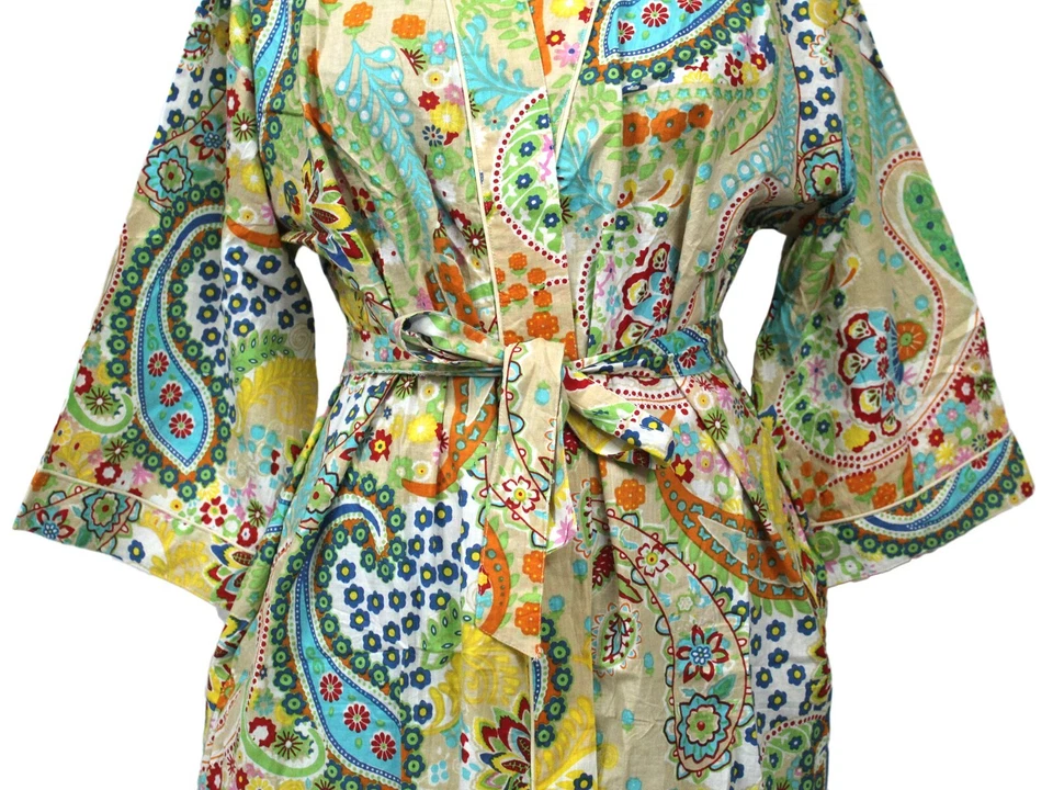 Kimono indio hecho a mano beige multi cachemira estampado algodón estampado cachemira kimono Foto 3 de 3