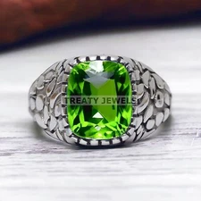 Peridot Cushion Cut Gemstone With 925 Sterling Silver Ring For Men's #887