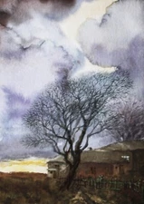 Autumn Landscape After Rain Sky Tree Watercolor Painting Original Ukrainian Art