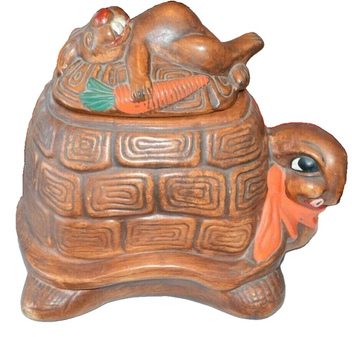 VINTAGE CALIFORNIA ORIGINALS TORTOISE & THE HARE CERAMIC COOKIE JAR 10+1/2"