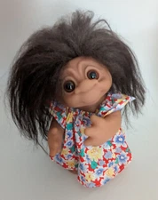 Vintage 1977 Thomas Dam Denmark 9" ELF TROLL Brown Long Hair with Dress