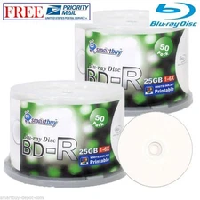 100 Pcs SmartBuy BD-R BDR 6X 25GB Blu-ray White Inkjet Hub Printable Record Disc