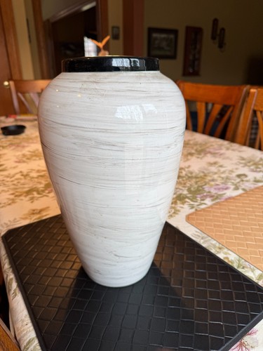Italian Pottery Swirl Vase 14" High, Ivory, Black & Brown