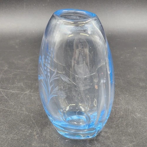 Hand Blown Blue Tint Glass Vase Etched Floral Scandinavian Swedish Oval 6.75″ - Picture 4 of 12