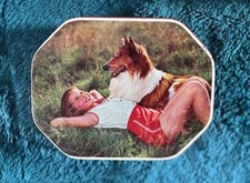 RARE girl and her dog exquisite condition for age,original antique vintage tin