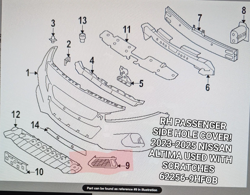 Cubierta de orificio de parachoques delantero derecho Nissan Altima 2023-2025 diestro 62256-9HF0B OEM RAYADO Foto 3 de 4