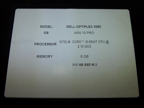 Dell OptiPlex 3060 Micro PC Core i5-8500T 2.10GHz 8GB 512GB SSD W10 (A9020) - Picture 9 of 9