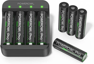 POWEROWL Batterie al litio ricaricabili AA con caricabatterie 8 confezioni da