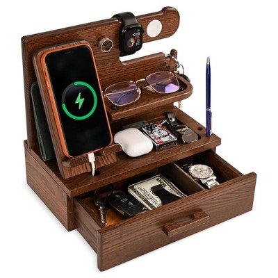 TESLYAR Wood Phone Docking Station with Drawer - Nightstand Organizer - Desk ...