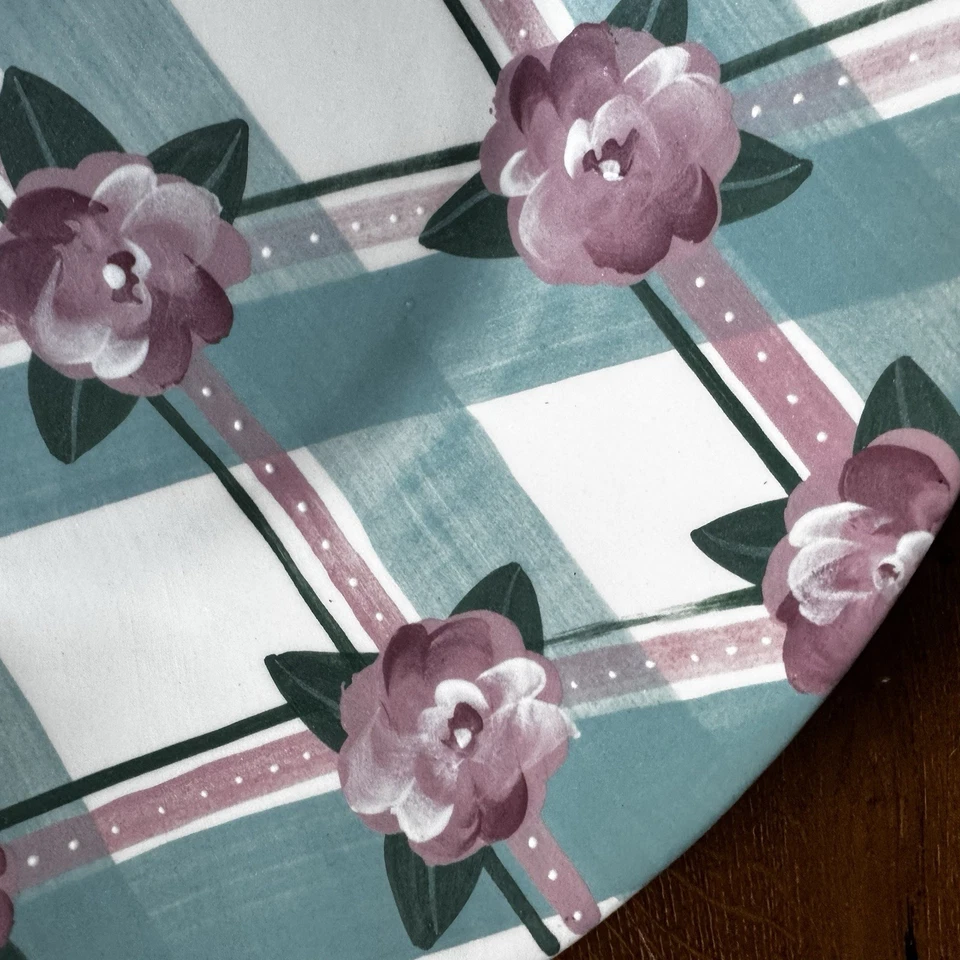 Vtg 90s Round 14”  Serving Platter  ceramic Flowers Plaid Pink Green Rose - Image 4 of 4