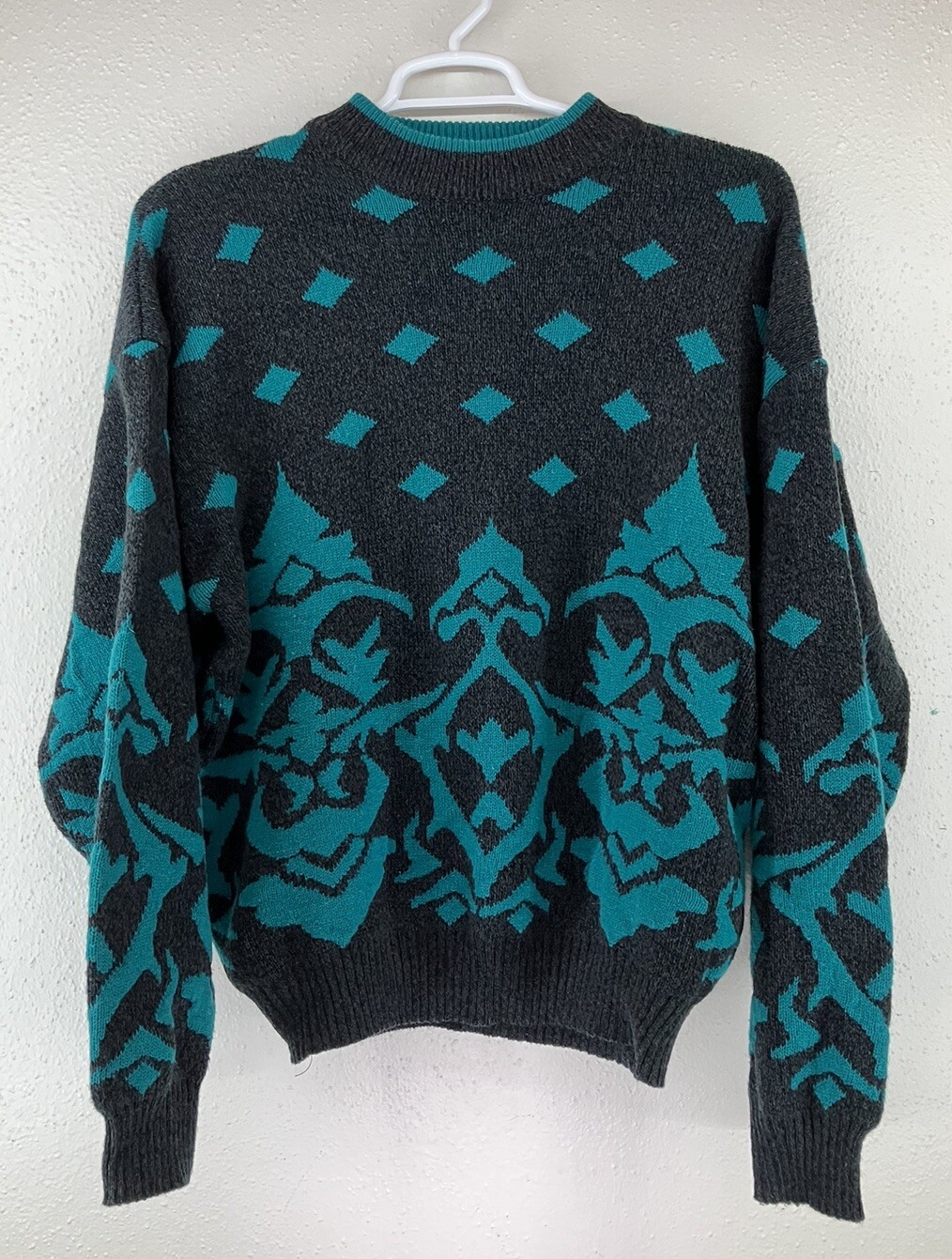 Vintage Koman Turquoise And Black Chunky Knit Swe… - image 1