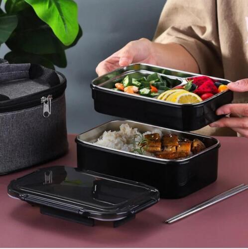 Contenitore Pranzo Portatile 2 Strati Rettangolare Acciaio Inox Nero Facile Pulizia - Foto 17 di 26