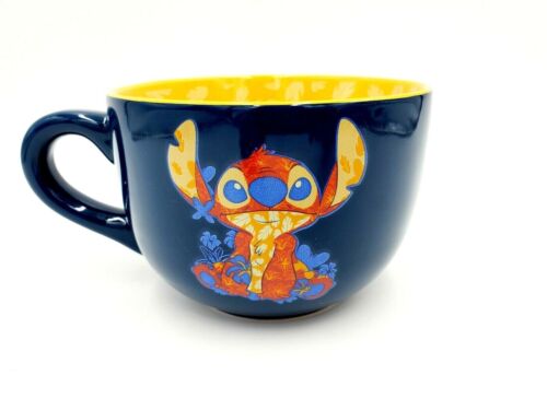 Disney Lilo & Stitch Orange Blue Flowers Ceramic Mug 20oz Cup New - Afbeelding 1 van 6