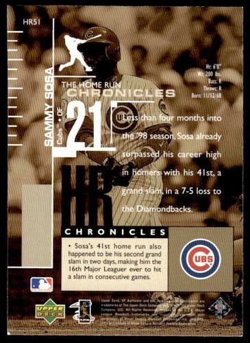 1999 SP Authentic Home Run Chronicles Sammy Sosa #HR51 - Picture 2 of 2