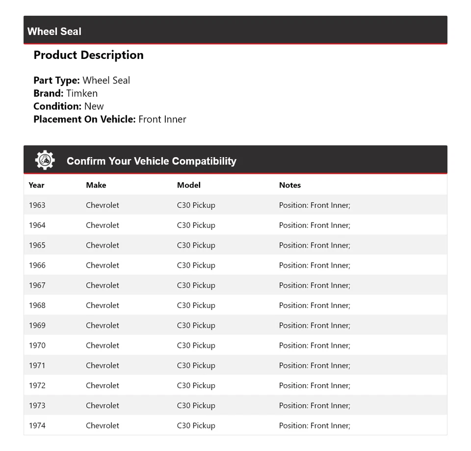 Sello de rueda interior delantero Timken 1964 1965 1966 para camioneta Chevrolet C30 1963-1974 Foto 2 de 4