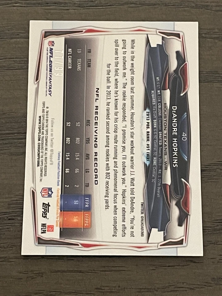 2014 Topps Chrome Mini Camo Refractor DeAndre Hopkins #40 Houston Texans 77/99 - Image 2 of 2