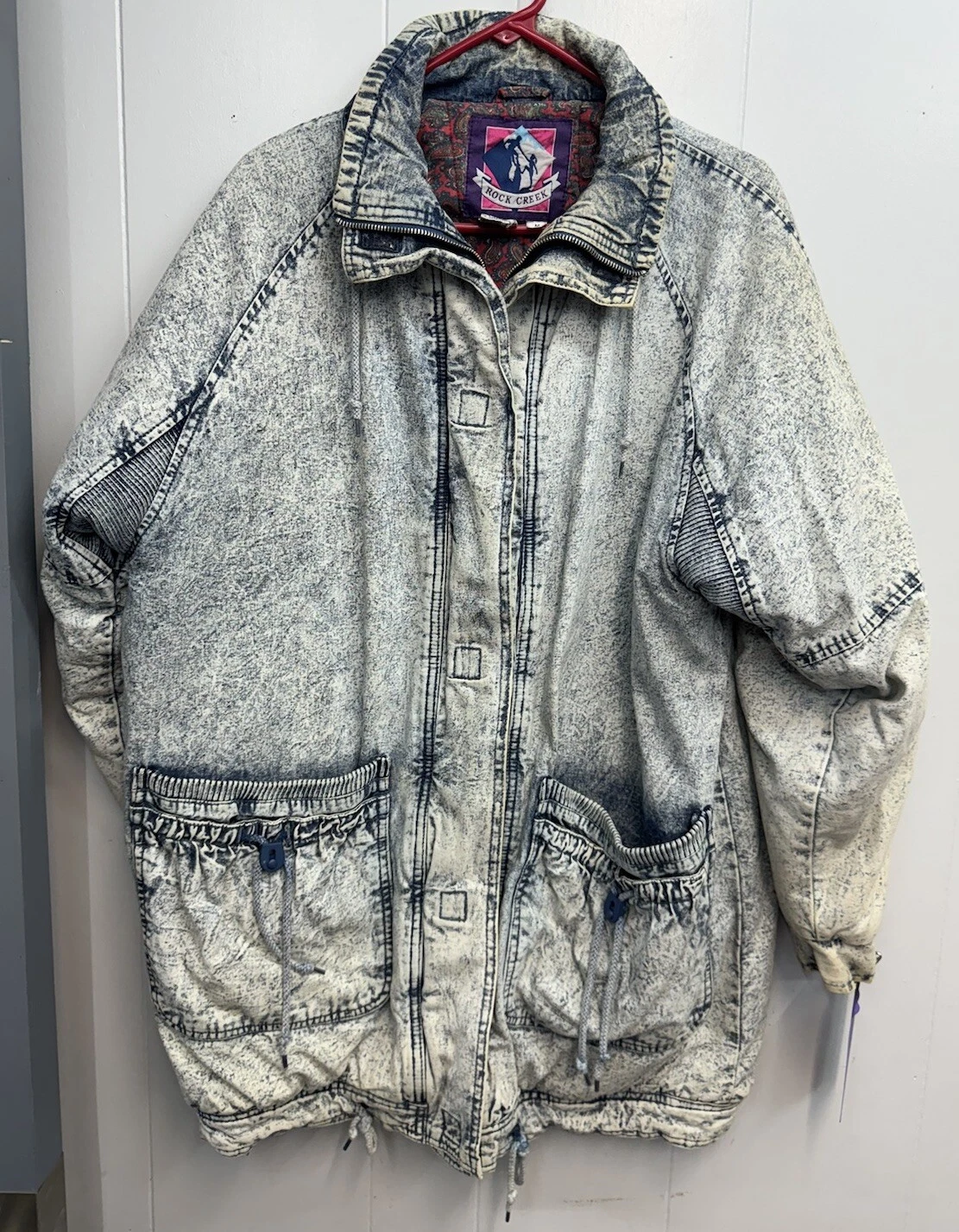 mens medium rock creek denim jacket acid wash Quilted Zip Up