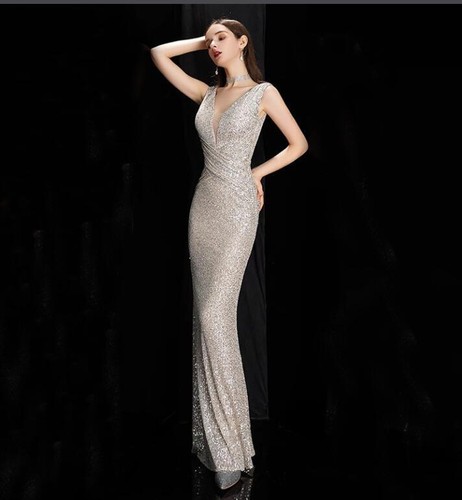 Womens Pretty Deep V Sequin Sleeveless Mermaid Evening Dress Cocktail Prom DID - Picture 3 of 12