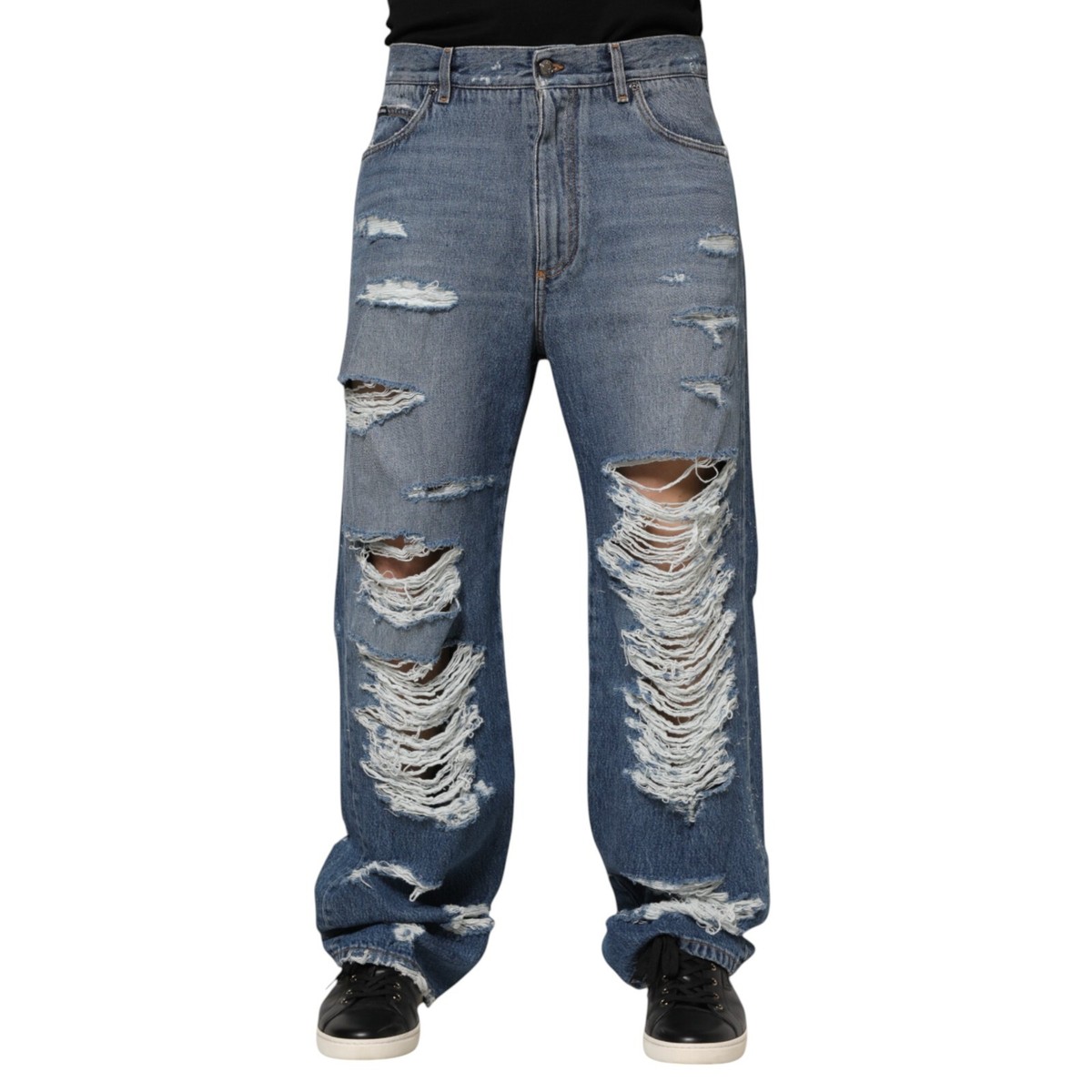 DOLCE & GABBANA Jeans Blue Tattered Cotton Logo Plaque Denim IT50