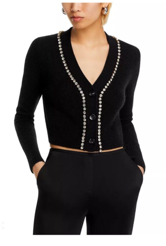 Luxurious 100% Cashmere V Neck Cardigan with Rhinestone Detail By Aqua Black XS - Picture 2 of 7