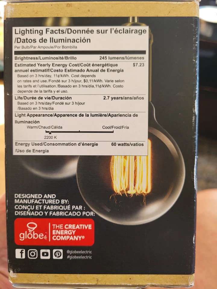 Globe Electric Vintage Edison Bulb 60 Watts 245 Lumens G30 clear glass 3,000 hrs - Image 2 of 4
