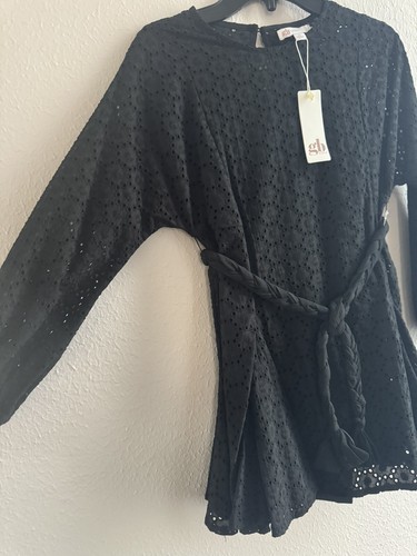 GB GIRLS DRESS COTTON SHIFT CREW NECK BELTED EYELET BLACK SIZE S - Picture 6 of 14