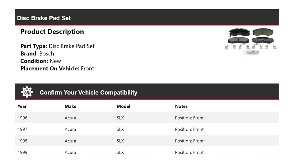 Керамические передние тормозные колодки QuietCast для Acura SLX Bosch 1996-1999 годов выпуска 1997 1998 годов выпуска - Изображение 2 из 4