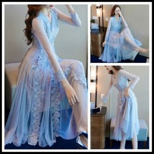 Women Lace Mesh Dress Embroidery Midi V Neck Slim A-line Long Sleeve Floral