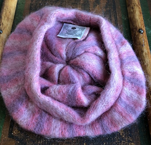 NWOT NEW DONEGAL MOHAIR WOOL FUZZY MUFFLER SCARF TAM PURPLE PINK STRIPED IRELAND - Picture 6 of 8