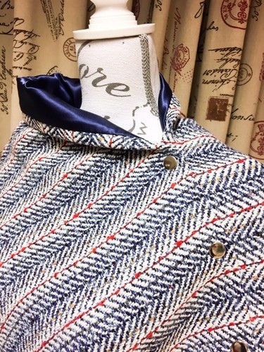 597. Handmade Blue red stripe tweed Cape Poncho - Picture 3 of 5