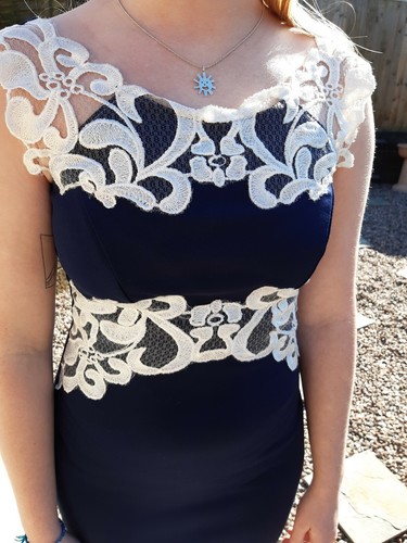 Ladies Prom, Formal Navy Dress with detailed white lace, Size 8. Designer. - Picture 8 of 11