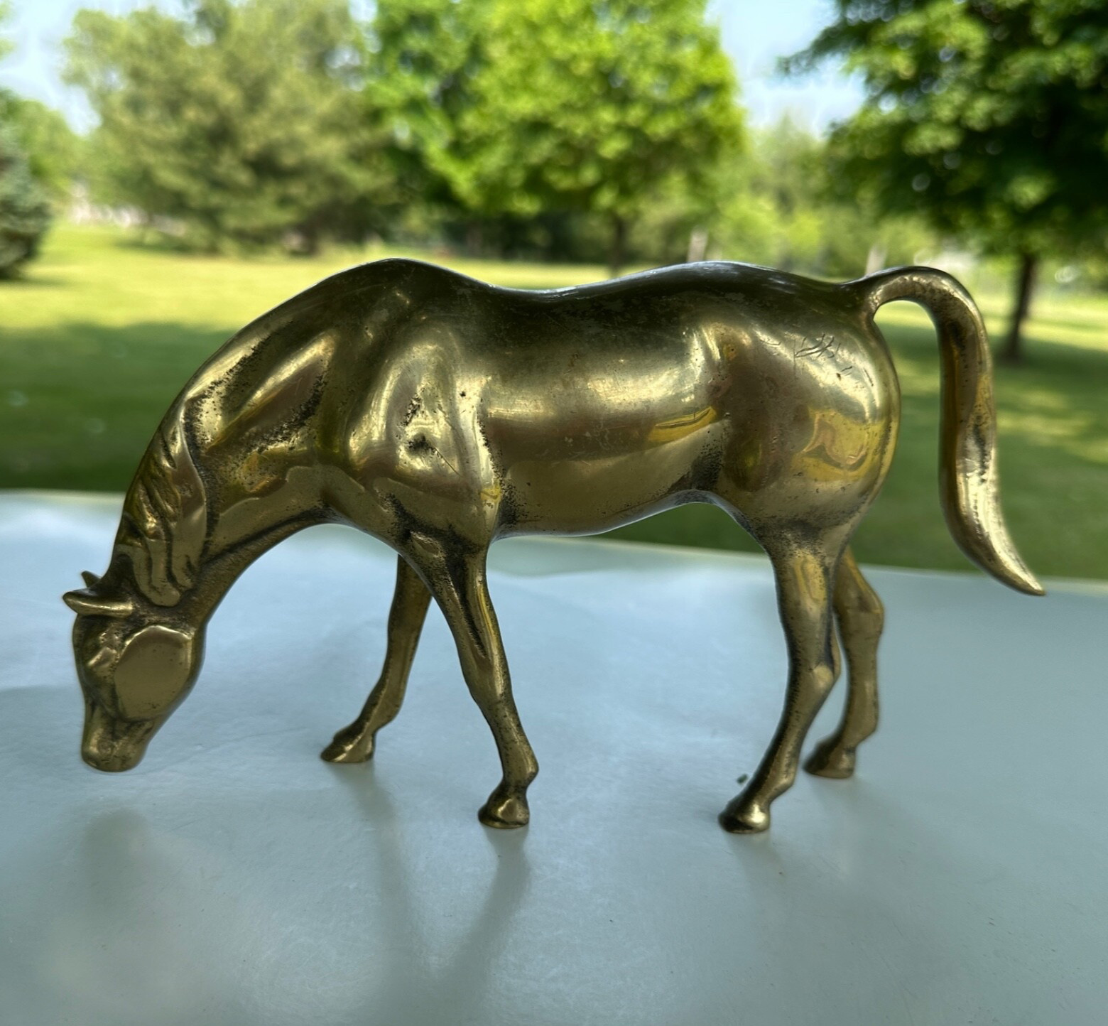 Vintage Solid Brass Enesco Grazing Feeding Horse Statue Figurine 9.5 x 5.25
