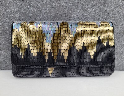 DLS International Beaded Clutch Shoulder Purse Women Small Lined Flap Black Gold