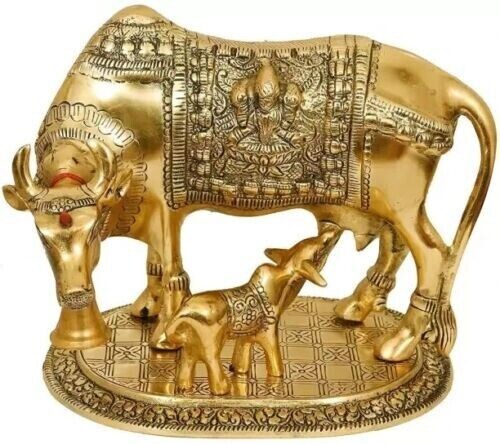 dtc Metal Golden Kamdhenu Cow With Calf Statue,Cow and Calf Idol,Good Luck, Holy - Picture 1 of 1