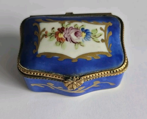Limoges France Antique Enamel Trinket Box Cobalt Blue Handpainted Collectable  - Picture 1 of 12