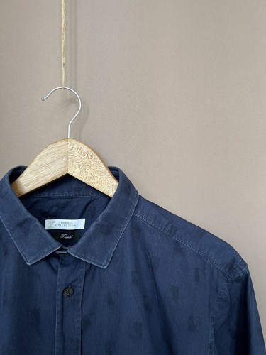 Versace Collection Trend Button Down Shirt Monogram Print Navy Blue Size 43 - Picture 6 of 15