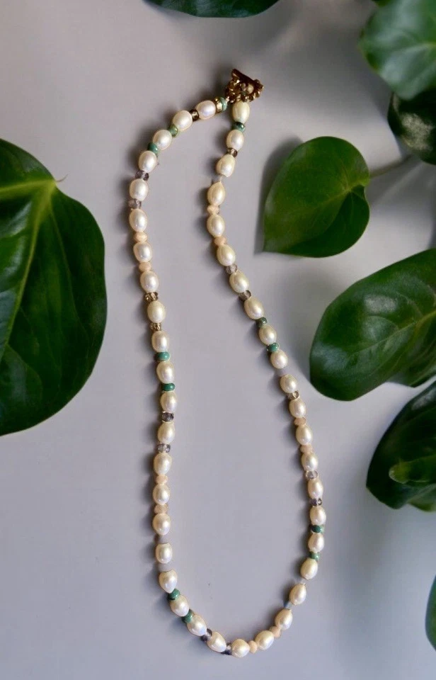 Chan Luu Freshwater Pearls Turquoise Crystals 17" Necklace Signed EUC Gorgeous - Image 2 of 4