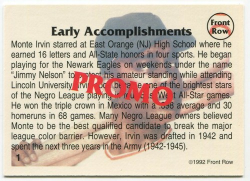 1992 Front Row All-Time Greats - Monte Irvin New York Giants #1 (Promo) - Picture 2 of 2