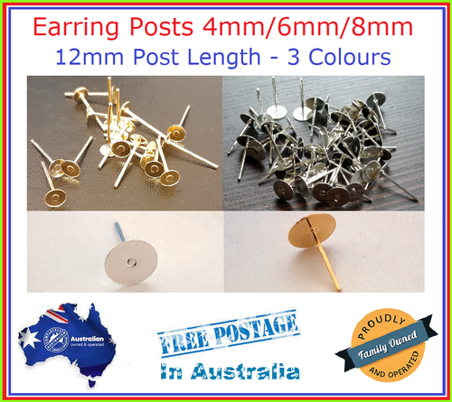 10 - 400 Earring Posts 4mm/6mm/8mm Pad SIZE 12mm Length No Backs - Picture 1 of 16